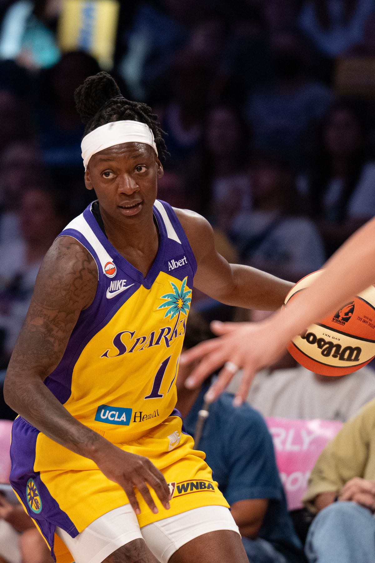 Los Angeles Sparks guard Tonie Morgan (1) dribbles the ball during a match between New York Liberty and Los Angeles Sparks on Tuesday, July 28, 2026 at Crypto.com Arena
