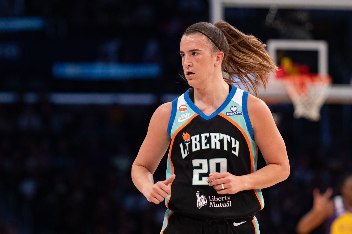 New York Liberty guard Sabrina Ionescu (20) runs back on defense after scoring a three-pointer during a match between New York Liberty and Los Angeles Sparks on Tuesday, July 28, 2026 at Crypto.com Arena