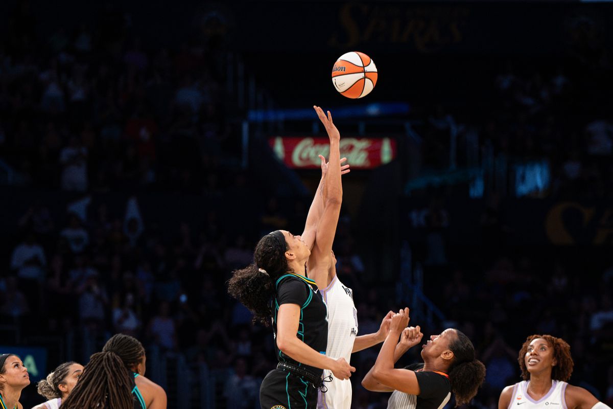 Golden State Valkyries center Kiah Stokes (41) leaping for tipoff during a WNBA basketball game against the Los Angeles Sparks on August 9th, 2026 in Los Angeles, CA. Golden State Valkyries center Kiah Stokes (41) leaping for tipoff during a WNBA basketball game against the Los Angeles Sparks on August 9th, 2026 in Los Angeles, CA.