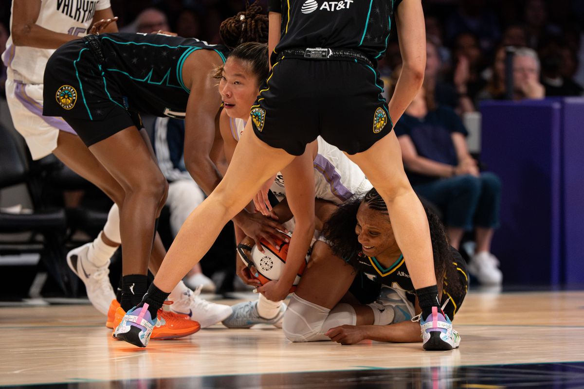 Golden State Valkyries guard Kaitlyn Chen (2) fighting for possession during a WNBA basketball game against the Los Angeles Sparks on August 9th, 2026 in Los Angeles, CA. Golden State Valkyries guard Kaitlyn Chen (2) fighting for possession during a WNBA basketball game against the Los Angeles Sparks on August 9th, 2026 in Los Angeles, CA.