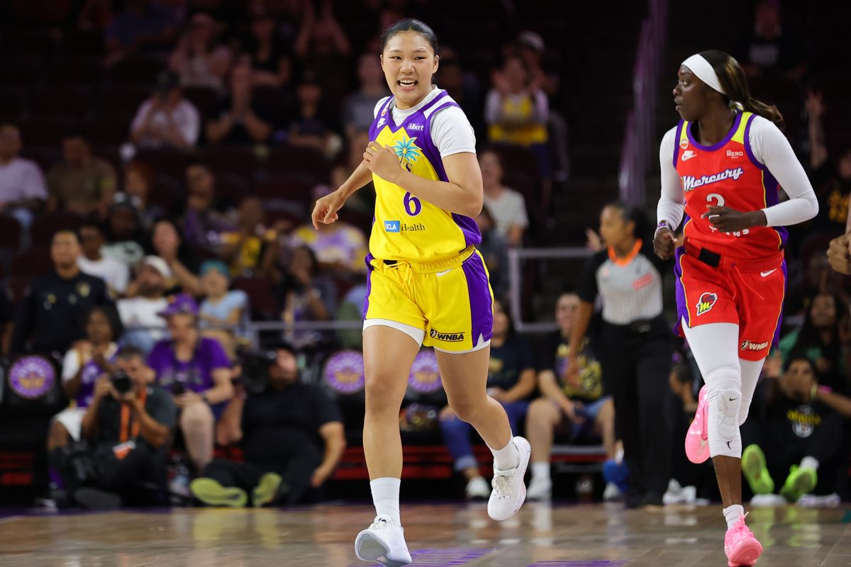 Los Angeles Sparks guard Jihyun Park (6) celebrates a made three point basket during a WNBA basketball game against the Phoenix Mercury on August 11th, 2026 in Los Angeles, CA. Los Angeles Sparks guard Jihyun Park (6) celebrates a made three point basket during a WNBA basketball game against the Phoenix Mercury on August 11th, 2026 in Los Angeles, CA.