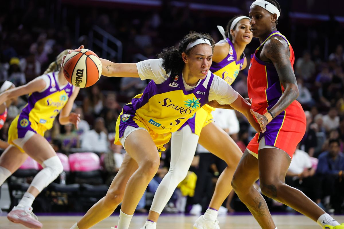 Los Angeles Sparks forward Dearica Hamby (5) dribbles the basketball during a WNBA basketball game against the Phoenix Mercury on August 11th, 2026 in Los Angeles, CA. Los Angeles Sparks forward Dearica Hamby (5) dribbles the basketball during a WNBA basketball game against the Phoenix Mercury on August 11th, 2026 in Los Angeles, CA.