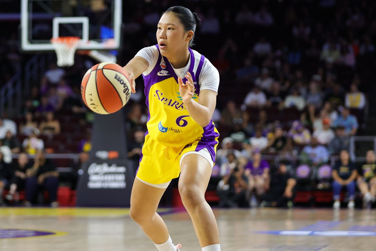 Los Angeles Sparks guard Jihyun Park (6) passes the basketball during a WNBA basketball game against the Phoenix Mercury on August 11th, 2026 in Los Angeles, CA. Los Angeles Sparks guard Jihyun Park (6) passes the basketball during a WNBA basketball game against the Phoenix Mercury on August 11th, 2026 in Los Angeles, CA.