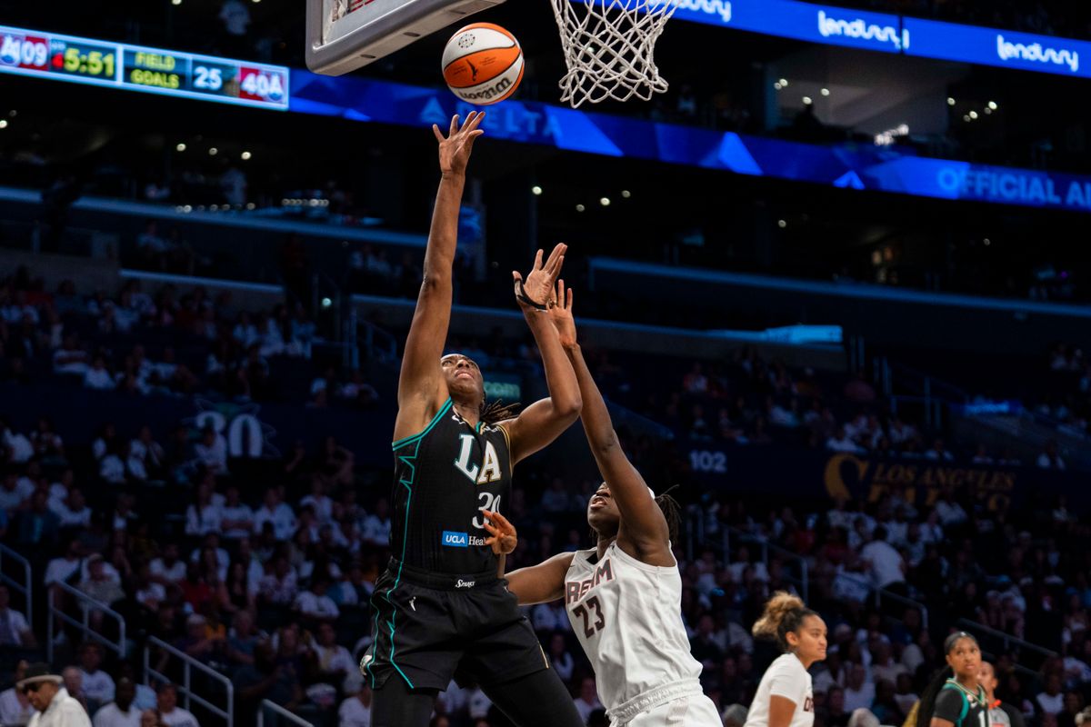 Los Angeles Sparks forward Nneka Ogwumike (30) scores a layup during a WNBA game against the Atlanta Dream, Thursday August 20th, 2026 in Los Angeles, California. Los Angeles Sparks forward Nneka Ogwumike (30) scores a layup during a WNBA game against the Atlanta Dream, Thursday August 20th, 2026 in Los Angeles, California.