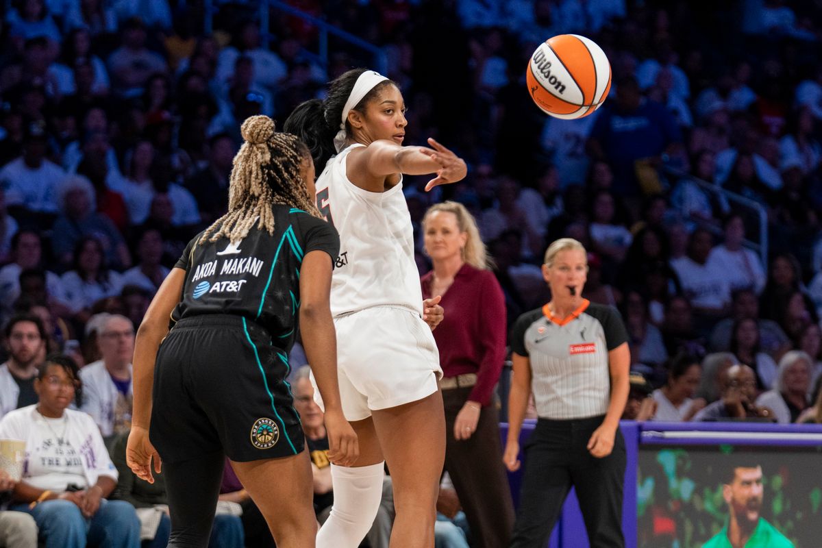 Atlanta Dream forward Angel Reese (5) finds a cutting teammate during a WNBA game against the Los Angeles Sparks, Thursday August 20th, 2026 in Los Angeles, California. Atlanta Dream forward Angel Reese (5) finds a cutting teammate during a WNBA game against the Los Angeles Sparks, Thursday August 20th, 2026 in Los Angeles, California.