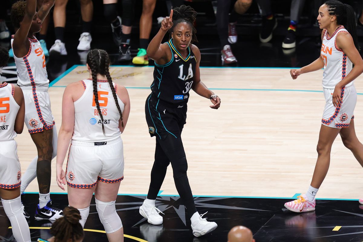 Los Angeles Sparks forward Nneka Ogwumike (30) reacts to a foul call during a WNBA game against the Connecticut Sun, Saturday August 22nd, 2026 in Los Angeles, California. Los Angeles Sparks forward Nneka Ogwumike (30) reacts to a foul call during a WNBA game against the Connecticut Sun, Saturday August 22nd, 2026 in Los Angeles, California.