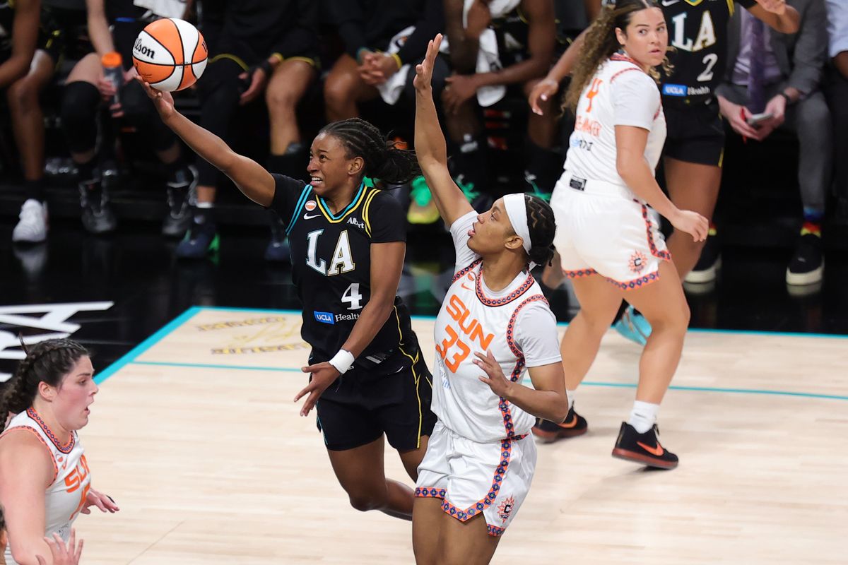 Los Angeles Sparks guard Tonie Morgan (4) shoots a lay up during a WNBA game against the Connecticut Sun, Saturday August 22nd, 2026 in Los Angeles, California. Los Angeles Sparks guard Tonie Morgan (4) shoots a lay up during a WNBA game against the Connecticut Sun, Saturday August 22nd, 2026 in Los Angeles, California.