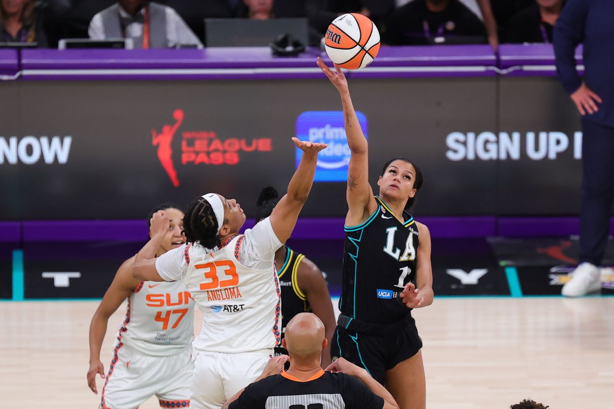 Los Angeles Sparks forward Rae Burrell (2) fights for the jump ball against Connecticut Sun forward Nell Angloma (33) during a WNBA game on Saturday August 22nd, 2026 in Los Angeles, California. Los Angeles Sparks forward Rae Burrell (2) fights for the jump ball against Connecticut Sun forward Nell Angloma (33) during a WNBA game on Saturday August 22nd, 2026 in Los Angeles, California.