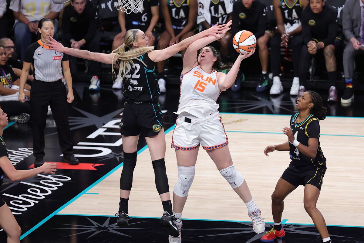 Los Angeles Sparks center Cameron Brink (22) defends against Connecticut Sun forward Raegan Beers (15) during a WNBA game on Saturday August 22nd, 2026 in Los Angeles, California. Los Angeles Sparks center Cameron Brink (22) defends against Connecticut Sun forward Raegan Beers (15) during a WNBA game on Saturday August 22nd, 2026 in Los Angeles, California.