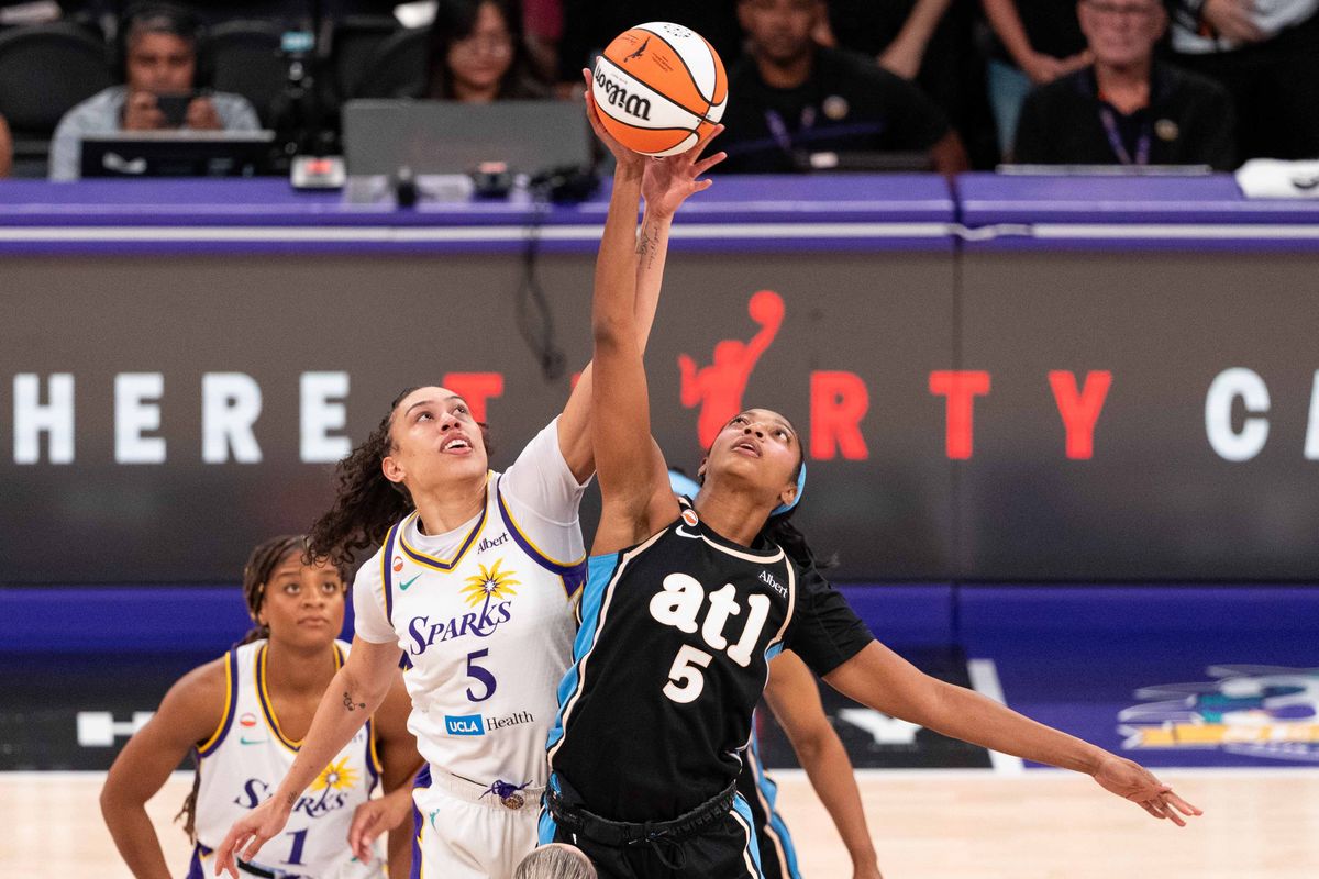 LA Sparks forward Dearica Hamby (5) jumps for tip-off at a WNBA basketball game against the Atlanta Dream, Monday August 24th, 2026 in Los Angeles, California. LA Sparks forward Dearica Hamby (5) jumps for tip-off at a WNBA basketball game against the Atlanta Dream, Monday August 24th, 2026 in Los Angeles, California.