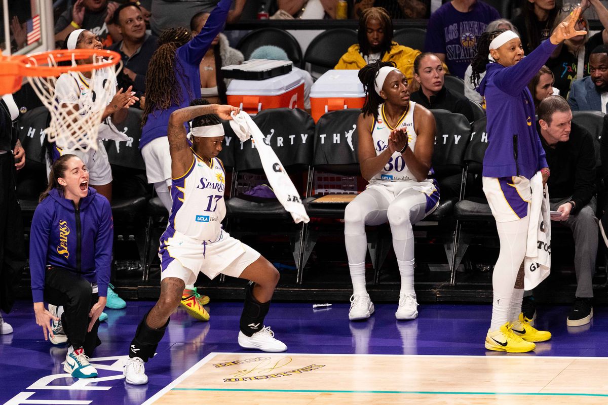 LA Sparks bench celebrates at a WNBA basketball game against the Atlanta Dream, Monday August 24th, 2026 in Los Angeles, California. LA Sparks bench celebrates at a WNBA basketball game against the Atlanta Dream, Monday August 24th, 2026 in Los Angeles, California.