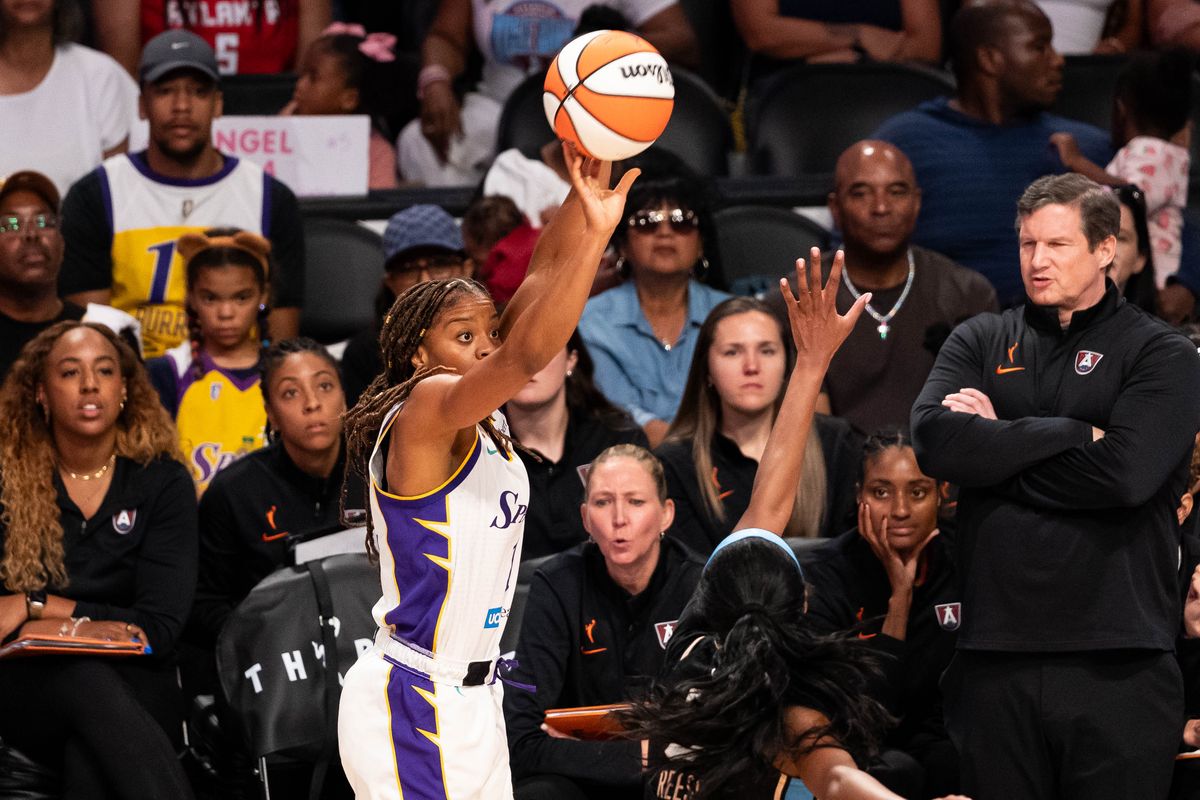 LA Sparks guard Monique Makani (1) shoots the ball at a WNBA basketball game against the Atlanta Dream, Monday August 24th, 2026 in Los Angeles, California. LA Sparks guard Monique Makani (1) shoots the ball at a WNBA basketball game against the Atlanta Dream, Monday August 24th, 2026 in Los Angeles, California.