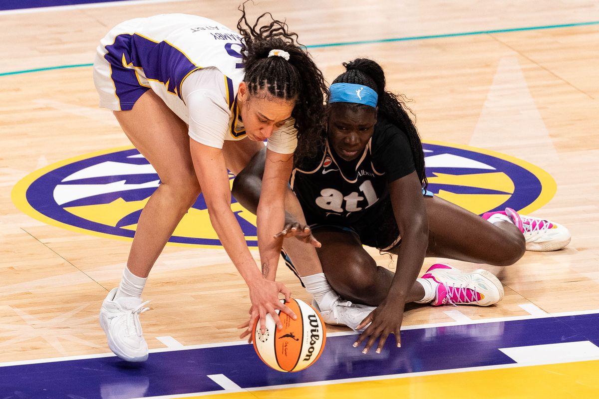 LA Sparks forward Dearica Hamby (5) fights for possession at a WNBA basketball game against the Atlanta Dream, Monday August 24th, 2026 in Los Angeles, California. LA Sparks forward Dearica Hamby (5) fights for possession at a WNBA basketball game against the Atlanta Dream, Monday August 24th, 2026 in Los Angeles, California.