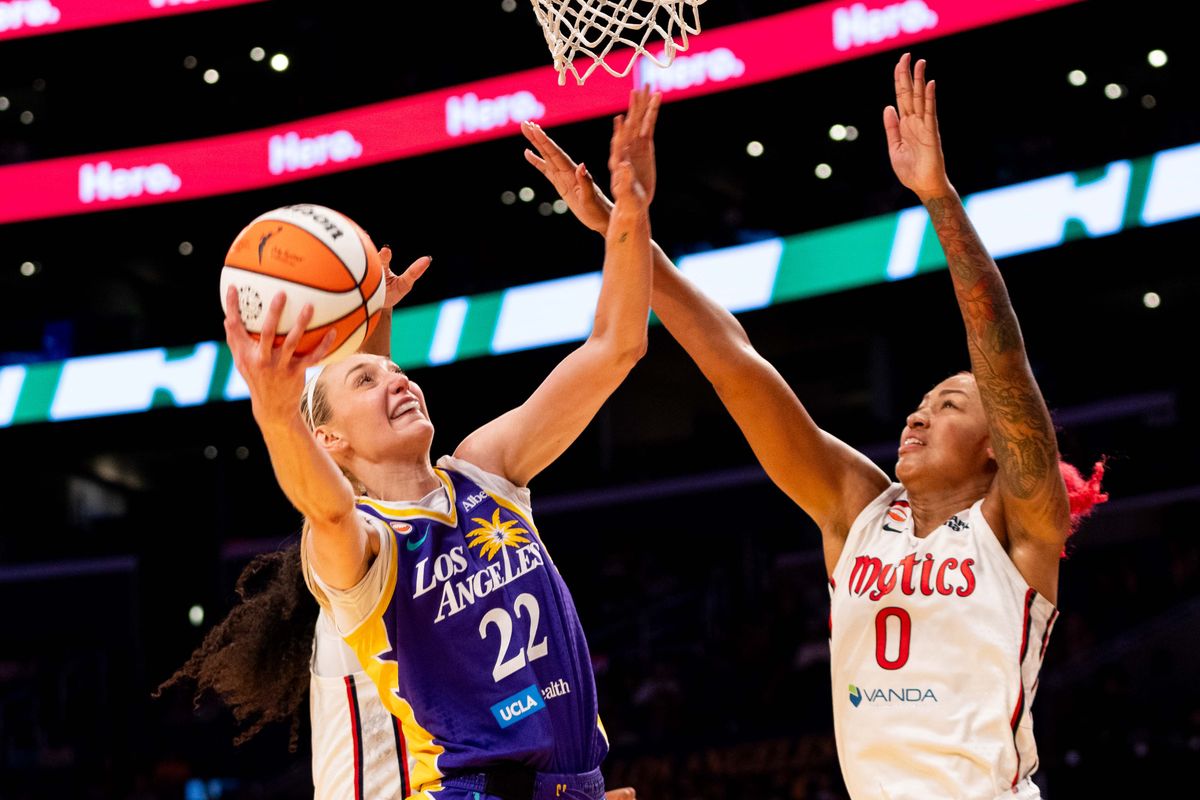 LA Sparks forward Cameron Brink (22) attacks the basket at a WNBA basketball game against the Washington Mystics, Friday August 28th, 2026 in Los Angeles, California. LA Sparks forward Cameron Brink (22) attacks the basket at a WNBA basketball game against the Washington Mystics, Friday August 28th, 2026 in Los Angeles, California.