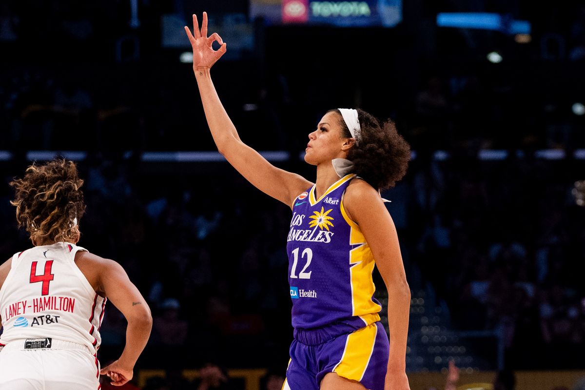 LA Sparks guard Rae Burrell (12) celebrates a three-pointer at a WNBA basketball game against the Washington Mystics, Friday August 28th, 2026 in Los Angeles, California. LA Sparks guard Rae Burrell (12) celebrates a three-pointer at a WNBA basketball game against the Washington Mystics, Friday August 28th, 2026 in Los Angeles, California.