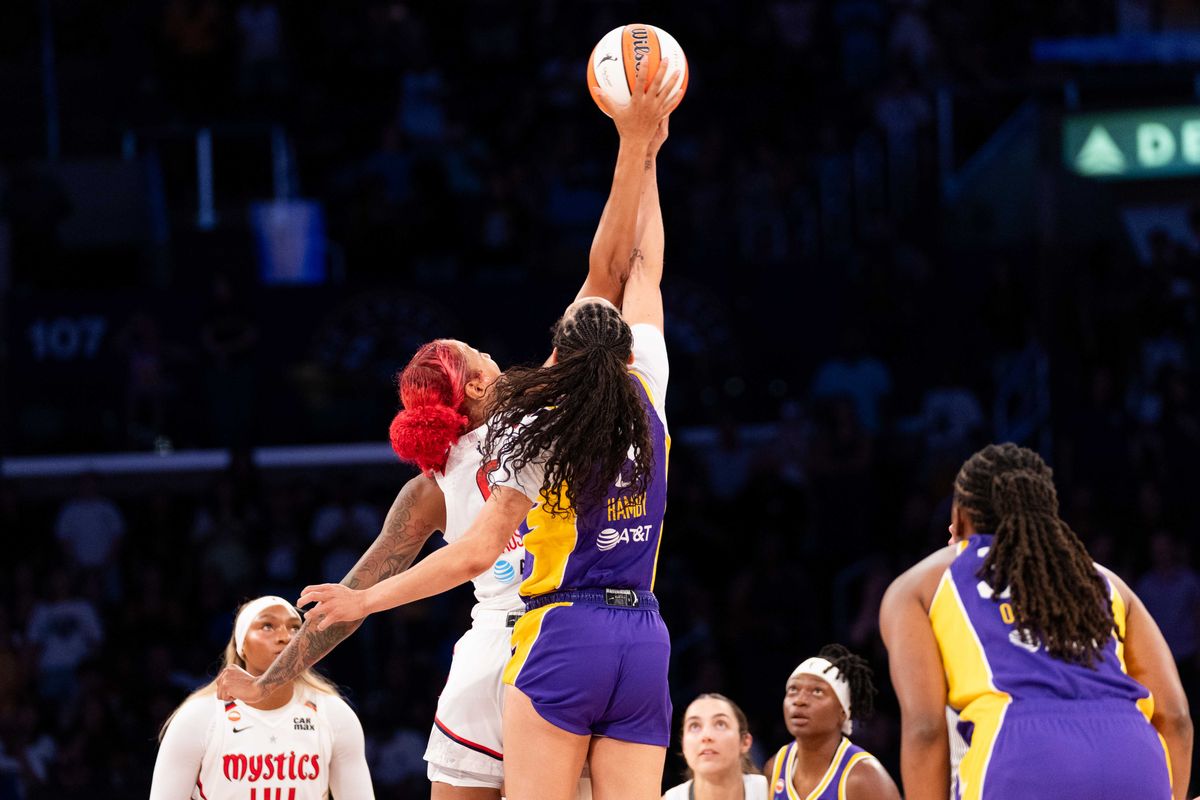 LA Sparks forward Dearica Hamby (5) jumps for the ball at a WNBA basketball game against the Washington Mystics, Friday August 28th, 2026 in Los Angeles, California. LA Sparks forward Dearica Hamby (5) jumps for the ball at a WNBA basketball game against the Washington Mystics, Friday August 28th, 2026 in Los Angeles, California.