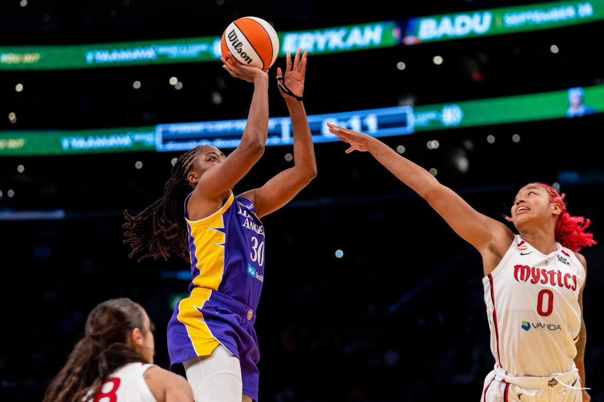 LA Sparks forward Nneka Ogwumike (30) shoots the ball at a WNBA basketball game against the Washington Mystics, Friday August 28th, 2026 in Los Angeles, California. LA Sparks forward Nneka Ogwumike (30) shoots the ball at a WNBA basketball game against the Washington Mystics, Friday August 28th, 2026 in Los Angeles, California.