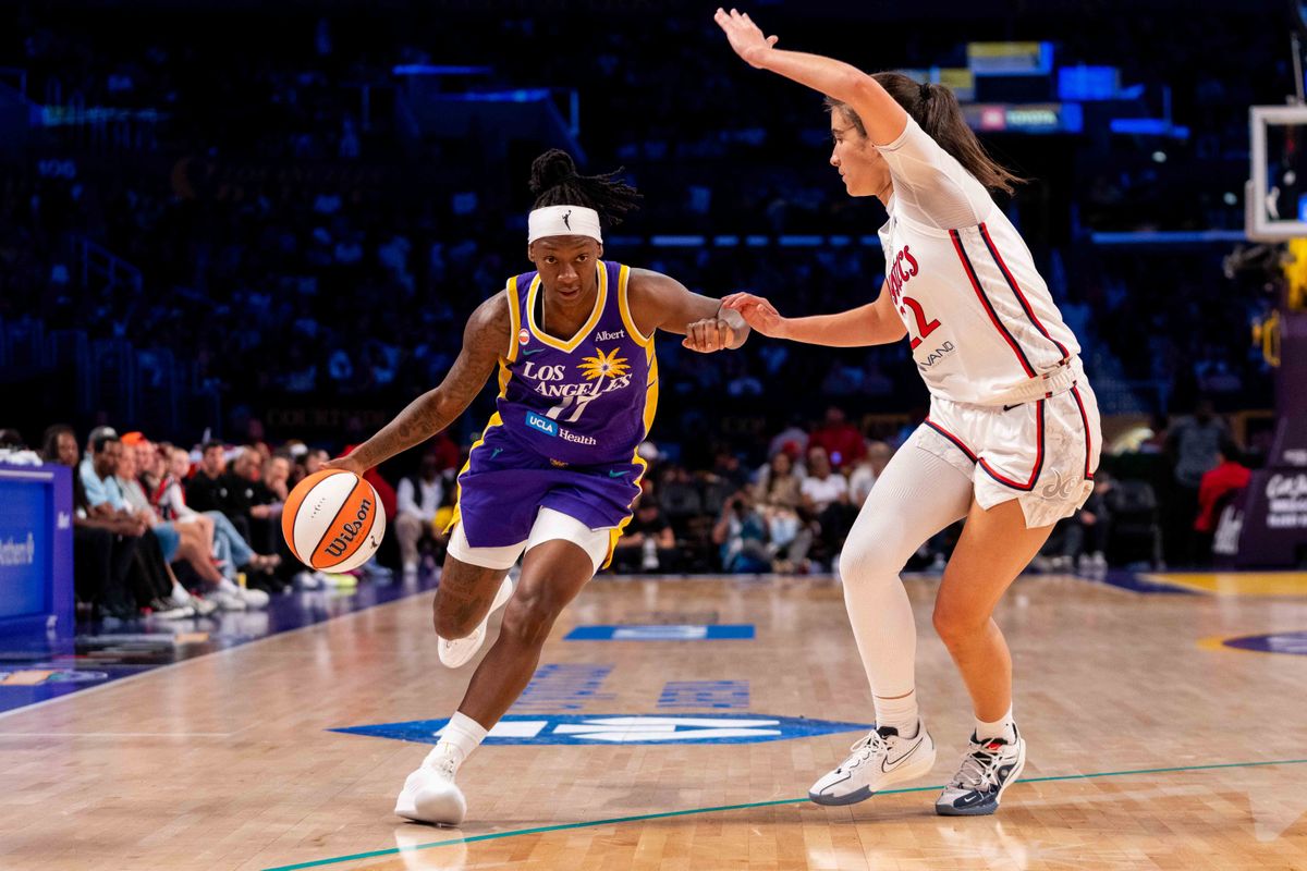 LA Sparks guard Erica Wheeler (17) looks to score at a WNBA basketball game against the Washington Mystics, Friday August 28th, 2026 in Los Angeles, California. LA Sparks guard Erica Wheeler (17) looks to score at a WNBA basketball game against the Washington Mystics, Friday August 28th, 2026 in Los Angeles, California.