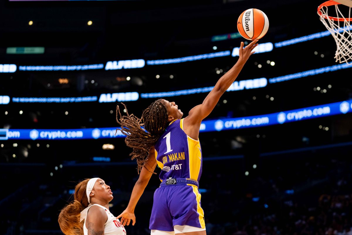 LA Sparks guard Monique Makani (1) drives into the lane at a WNBA basketball game against the Washington Mystics, Friday August 28th, 2026 in Los Angeles, California. LA Sparks guard Monique Makani (1) drives into the lane at a WNBA basketball game against the Washington Mystics, Friday August 28th, 2026 in Los Angeles, California.
