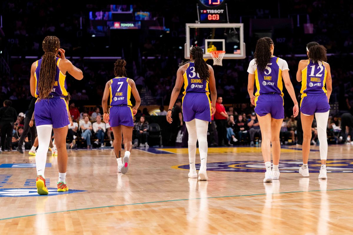 LA Sparks walk onto the court at a WNBA basketball game against the Washington Mystics, Monday August 24th, 2026 in Los Angeles, California. LA Sparks walk onto the court at a WNBA basketball game against the Washington Mystics, Monday August 24th, 2026 in Los Angeles, California.