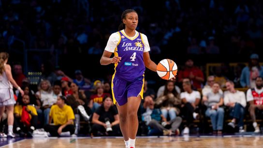 Tonie Morgan gets downhill, scores career-high against Aces taken at Michelob Ultra Arena (Los Angeles Sparks). Photo by John Panganiban-The Sporting Tribune