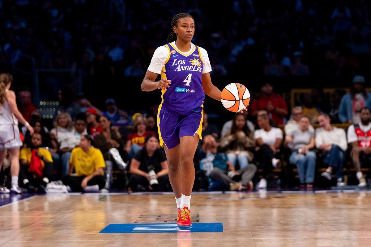 LA Sparks guard Tonie Morgan (4) dribbles the ball at a WNBA basketball game against the Washington Mystics, Friday August 28th, 2026 in Los Angeles, California. LA Sparks guard Tonie Morgan (4) dribbles the ball at a WNBA basketball game against the Washington Mystics, Friday August 28th, 2026 in Los Angeles, California.