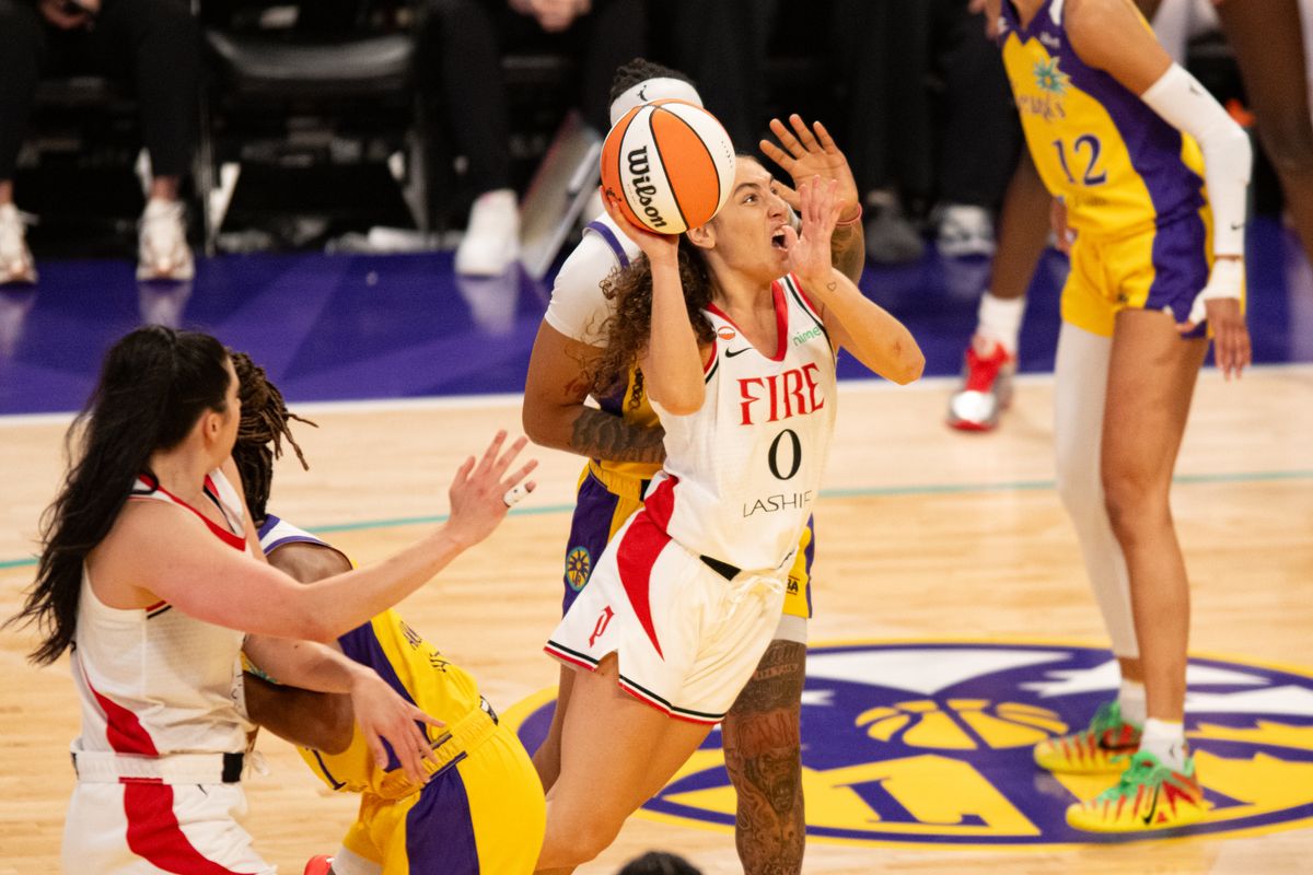Portland Fire guard Carla Leite (0) drives to the rim during an NBA match between Portland Fire and Los Angeles Sparks on Sunday, September 20, 2026 at Crypto.com Arena in Los Angeles, California.