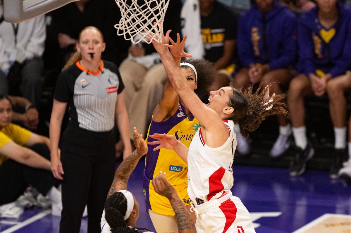 Portland Fire guard Carla Leite (0) drives to the rim and gets fouled during an NBA match between Portland Fire and Los Angeles Sparks on Sunday, September 20, 2026 at Crypto.com Arena in Los Angeles, California.