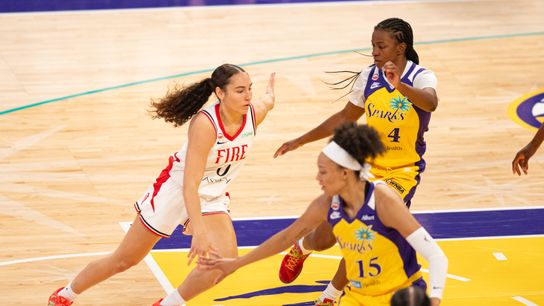 Portland Fire guard Carla Leite (0) drives down the middle during an NBA match between Portland Fire and Los Angeles Sparks on Sunday, September 20, 2026 at Crypto.com Arena in Los Angeles, California.