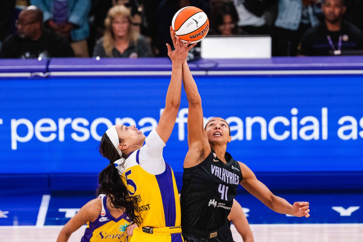 LA Sparks forward Dearica Hamby (5) jumps for the ball at a WNBA basketball game against the Golden State Valkyries, Thursday September 24th, 2026 in Los Angeles, California. LA Sparks forward Dearica Hamby (5) jumps for the ball at a WNBA basketball game against the Golden State Valkyries, Thursday September 24th, 2026 in Los Angeles, California.