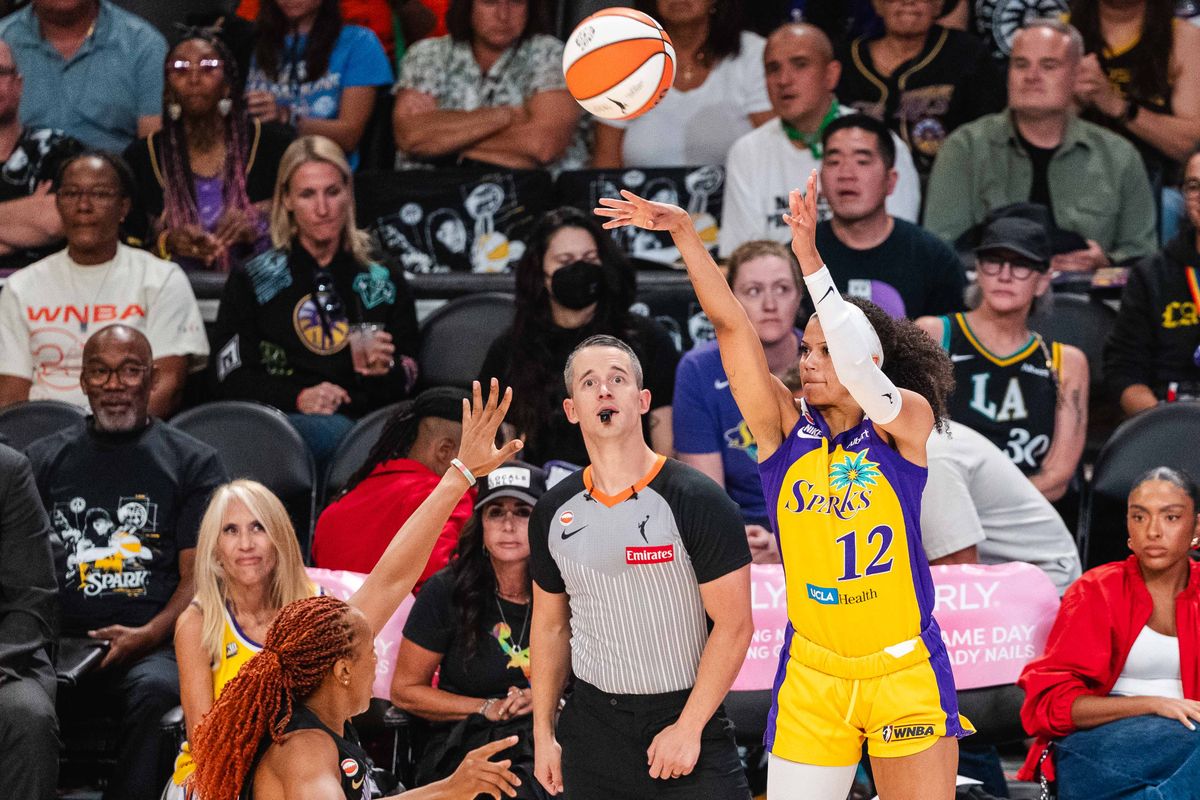 LA Sparks guard Rae Burrell (12) shoots the ball during a WNBA basketball game against the Golden State Valkyries, Thursday September 24th, 2026 in Los Angeles, California. LA Sparks guard Rae Burrell (12) shoots the ball during a WNBA basketball game against the Golden State Valkyries, Thursday September 24th, 2026 in Los Angeles, California.