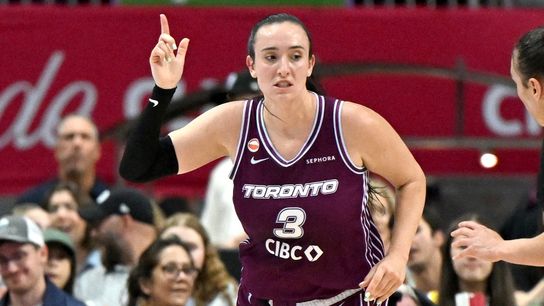 Jun 25, 2026; Toronto, Ontario, CAN; Toronto Tempo guard Marina Mabrey (3) reacts after making a basket against the Los Angeles Sparks in the first half at Coca-Cola Coliseum.
