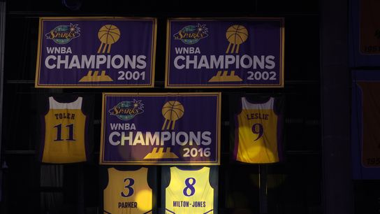 Jul 28, 2026; Los Angeles, California, USA; The retired Los Angeles Sparks jersey of DeLisha Milton-Jones (8) is revealed during halftime between the Sparks and the New York Liberty at Crypto.com Arena.